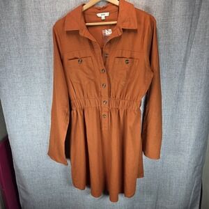Women's Shirt Mini Dress Brunt Orange Long Sleeve Large Linen Blend Western